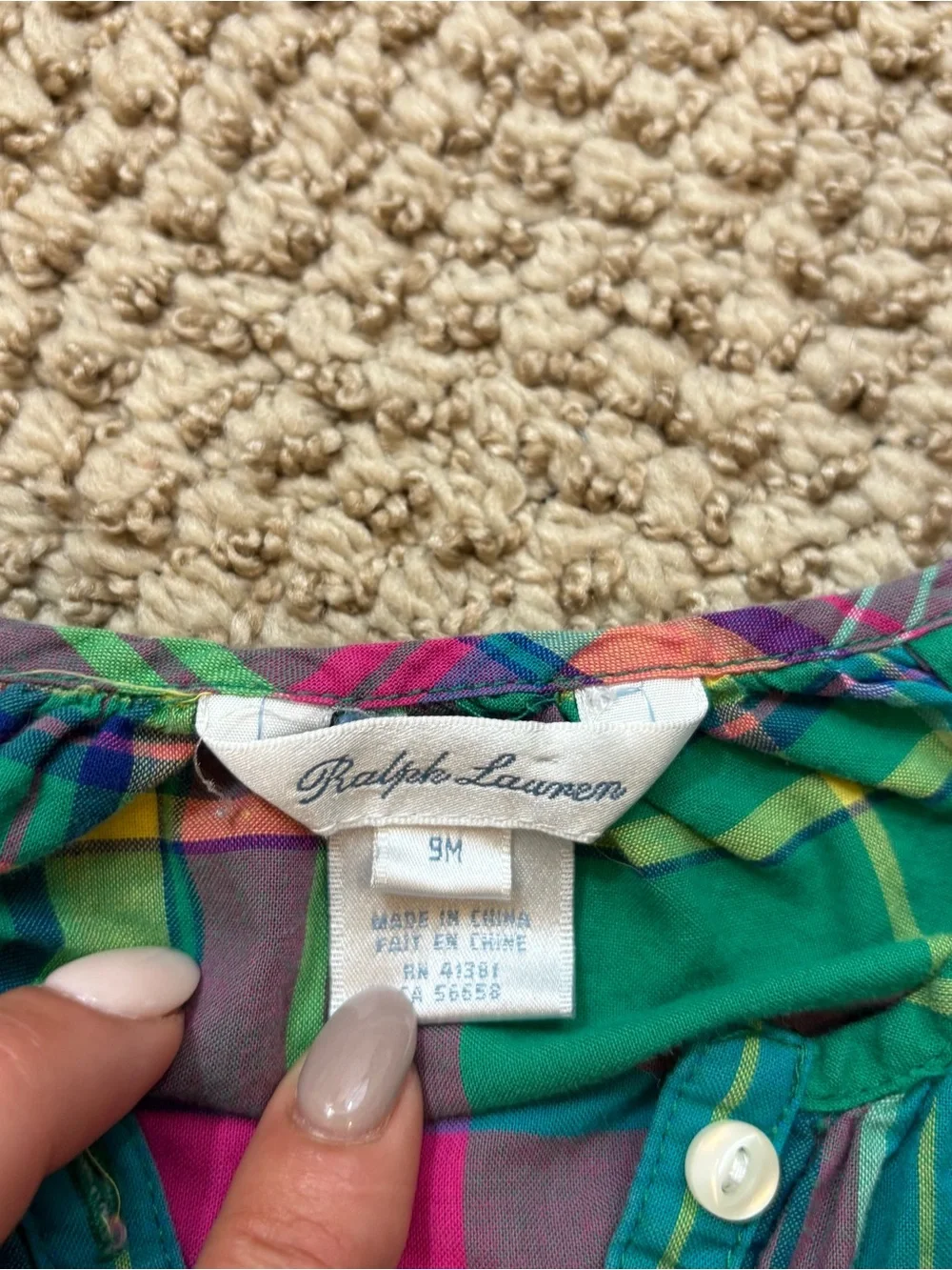 Ralph Lauren Pink and Green Plaid Button Down Blouse Size 9 Months